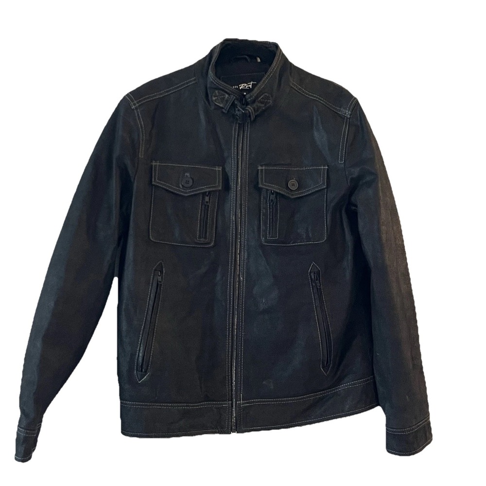 Black Rivet Men's M Genuine Leather Moto Jacket Black Zip Utility Pockets